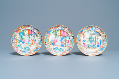 Twelve Chinese Canton famille rose plates, 19th C.