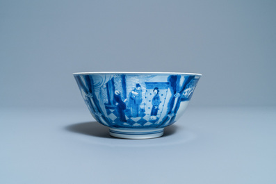 Un bol en porcelaine de Chine en bleu et blanc &agrave; d&eacute;cor de sc&egrave;nes du 'Xi Xiang Ji', marque et &eacute;poque de Kangxi