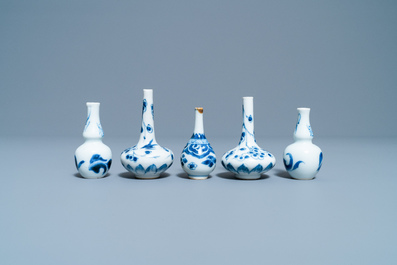 Five Chinese blue and white miniature vases, Kangxi