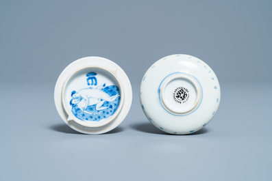 A rare Chinese blue and white 'erotical subject' box and cover, Kangxi