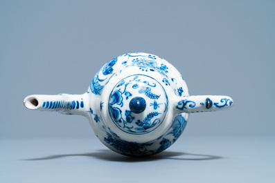 A rare Dutch Delft blue and white 'cadogan' ewer, 1st half 18th C.