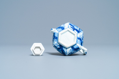 A Chinese hexagonal blue and white teapot and cover, Kangxi