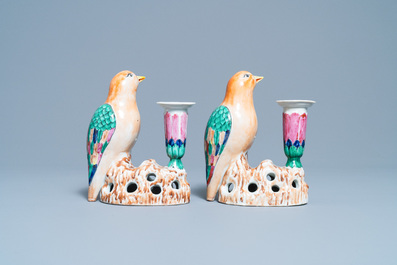 A pair of Chinese famille rose bird-shaped candlesticks, Jiaqing