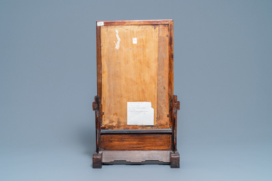 A Chinese wooden table screen with grisaille plaque, 19th C.