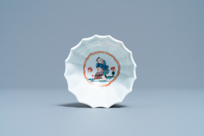 A lobed Chinese famille rose cup and saucer, Yongzheng