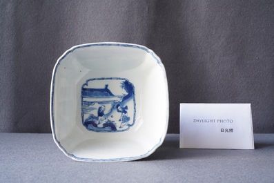 A Chinese blue and white bowl with a lady with cat, Kangxi mark and of the period