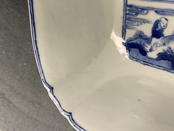 A Chinese blue and white bowl with a lady with cat, Kangxi mark and of the period