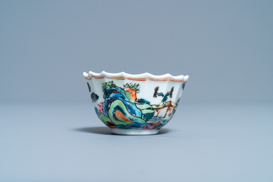 A lobed Chinese famille rose cup and saucer, Yongzheng