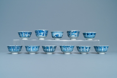 A collection of Chinese blue and white cups and saucers, 19th C.