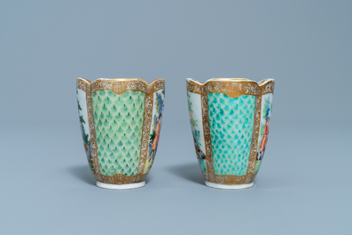 A pair of Chinese quadrilobed Meissen-style AR-marked cups and saucers, Tongzhi