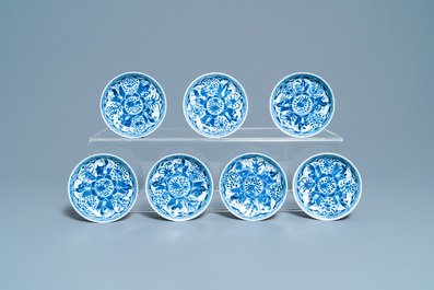 A collection of Chinese blue and white cups and saucers, 19th C.