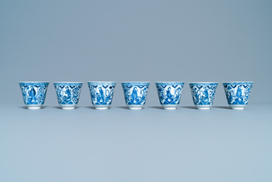 A collection of Chinese blue and white cups and saucers, 19th C.