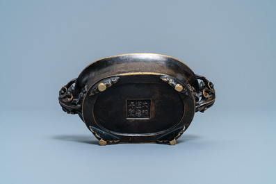 A Chinese chilong-handled bronze censer, Xuande mark, Ming