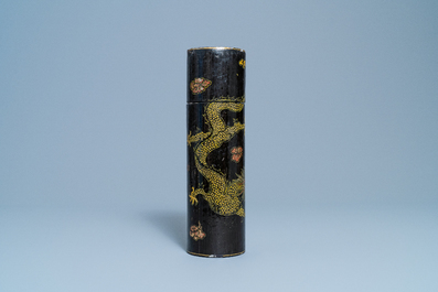 An imperial Chinese cylindrical painted and lacquered wood edict container, 17/18th C.