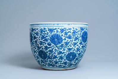 An exceptionally large Chinese blue and white 'lotus scroll' fish bowl, Kangxi