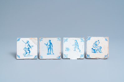 Sixteen Dutch Delft blue and white tiles with figures, 17th C.