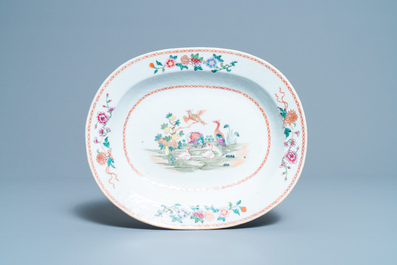 A pair of Chinese famille rose 'ducks in a pond' dishes, Qianlong