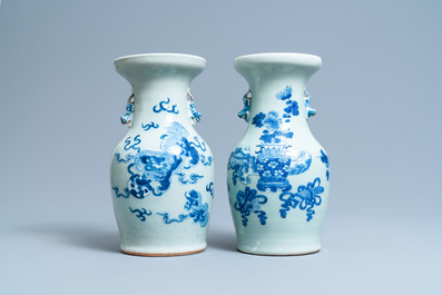 Five Chinese blue and white and famille rose vases, 19th C.