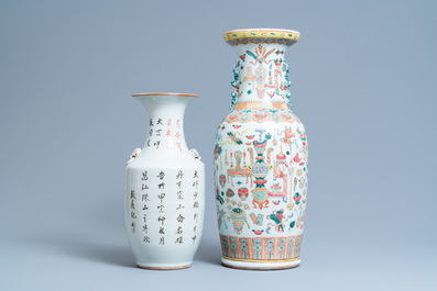 A Chinese famille rose 'antiquities' vase and an iron red Buddhist lion vase, 19/20th C.