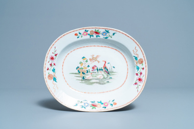 A pair of Chinese famille rose 'ducks in a pond' dishes, Qianlong