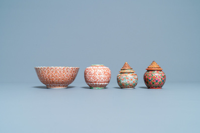 Six Chinese Thai market Bencharong jars and a bowl, 19th C.