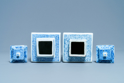 A pair of Chinese blue and white square vases and covers, Kangxi