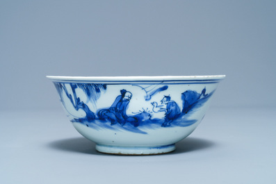 Un bol en porcelaine de Chine en bleu et blanc &agrave; d&eacute;cor de Wang Xizhi, &eacute;poque Transition