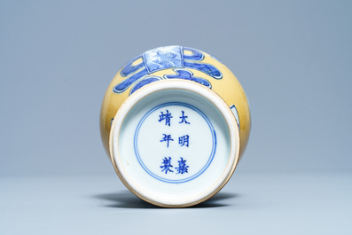 Een Chinese blauw-witte vaas met zeemleer fondkleur, Jiajing merk, Kangxi