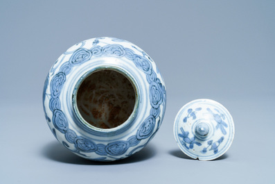 Een Chinese blauw-witte dekselvaas met boeddhistische leeuwen, Ming