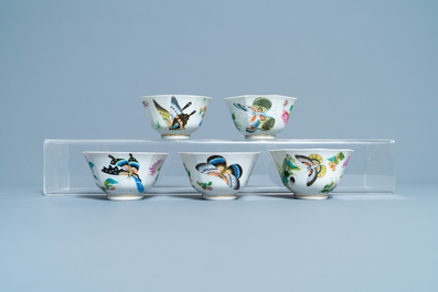 Five Chinese Canton famille rose 'butterfly' cups and saucers, 19th C.