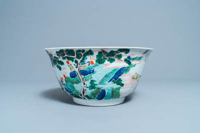 A large Chinese famille verte bowl with figurative design, Kangxi