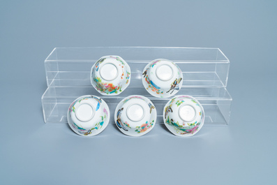 Five Chinese Canton famille rose 'butterfly' cups and saucers, 19th C.