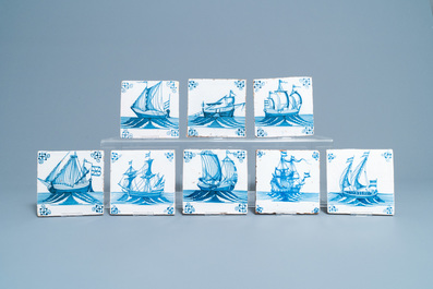 Eight Dutch Delft blue and white tiles with ships, 18th C.