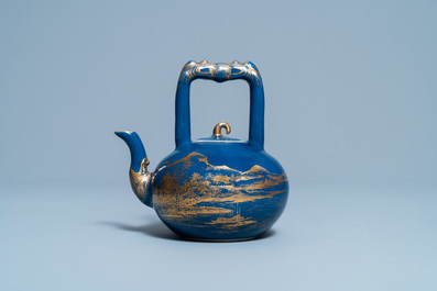 A Chinese gilt-decorated blue-ground teapot and cover, Qianlong mark and of the period