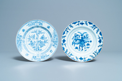 Six Chinese blue and white dishes, a teapot and a helmet-shaped jug, Kangxi and later