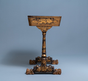 A Chinese parcel-gilt black lacquer sewing table with accessories, Canton, 19th C.