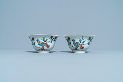 A pair of Chinese Dutch-decorated 'parrot' bowls, Kangxi