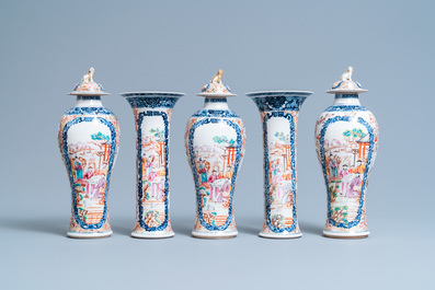 A Chinese famille rose 'Mandarin' garniture of five vases, Qianlong