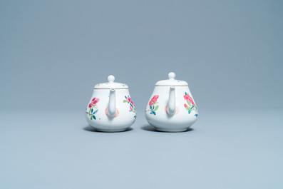 A pair of Chinese famille rose teapots and covers, Yongzheng