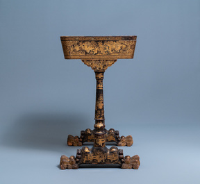 A Chinese parcel-gilt black lacquer sewing table with accessories, Canton, 19th C.