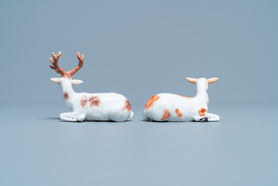 A pair of porcelain models of deer, probably Chelsea, England, 18th C.