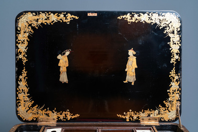 A Chinese parcel-gilt black lacquer sewing table with accessories, Canton, 19th C.