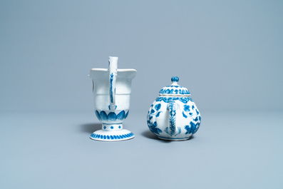 Six Chinese blue and white dishes, a teapot and a helmet-shaped jug, Kangxi and later