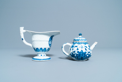 Six Chinese blue and white dishes, a teapot and a helmet-shaped jug, Kangxi and later