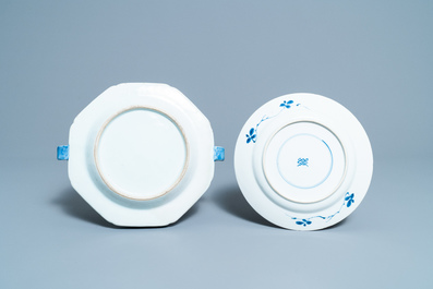 Six Chinese blue and white dishes, a teapot and a helmet-shaped jug, Kangxi and later