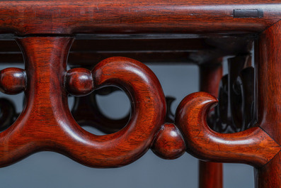 A tall Chinese marble-inlaid wooden stand, 20th C.