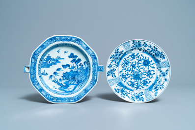 Six Chinese blue and white dishes, a teapot and a helmet-shaped jug, Kangxi and later