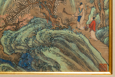 D'apr&egrave;s Qiu Ying (1494 - 1552), encre et couleurs sur papier: 'Paysage montagneux', 19/20&egrave;me