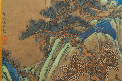 D'apr&egrave;s Qiu Ying (1494 - 1552), encre et couleurs sur papier: 'Paysage montagneux', 19/20&egrave;me