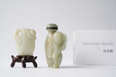 A Chinese jade snuff bottle and a figure of a boy, Qing